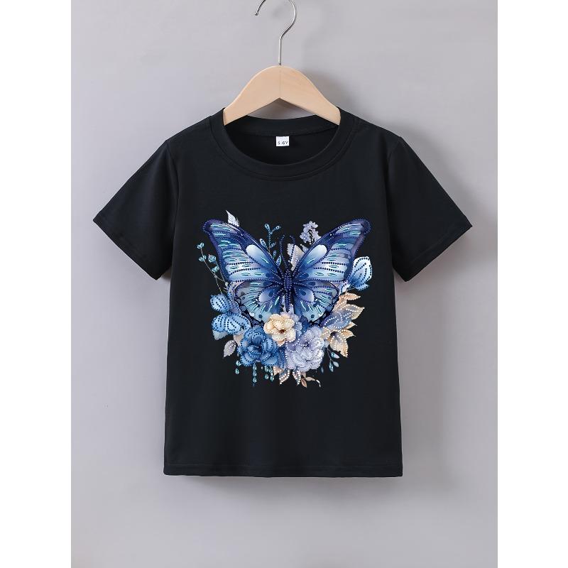 

European sizes Butterfly Graphic Print Creative T-Shirts Soft & Elastic Comfy Crew Neck Short Sleeve Tee Girls Summer Tops 164cm чорний