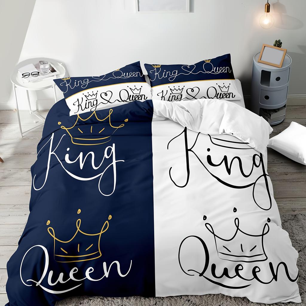 Romantic Couple'S "King & Queen" Duvet Cover Set - Soft Polyester, All-Season Comfort, Machine Washable Digital Print With Crown