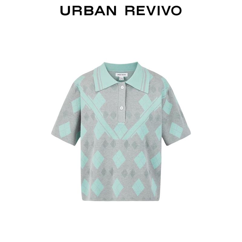 UR Women's Color-block Lapel Knitted Short-Sleeve Top