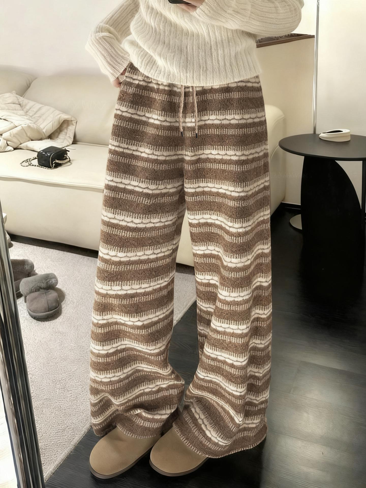 

Xiaohongshu Bestseller Fair Isle Jacquard Knit Wide-Leg Wool Pants Women s Autumn/Winter Relaxed Plus Velvet Striped Casual Pants XL (120-140 jin)