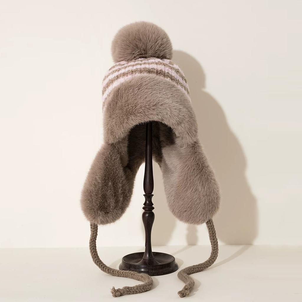 Hairball knitted hat women's winter velvet thickened ear protection hat striped cute warm cycling windproof wool hat