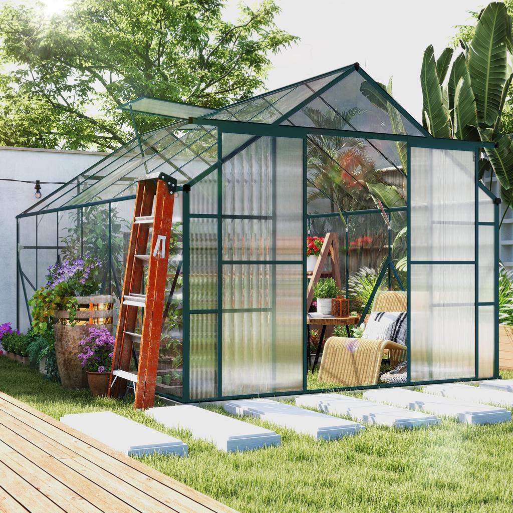 8 x 12ft Aluminium Greenhouse Polycarbonate Walk-in Garden Greenhouse Kit with Adjustable Roof Vent, Double Sliding Door, Rain Gutter and Foundation