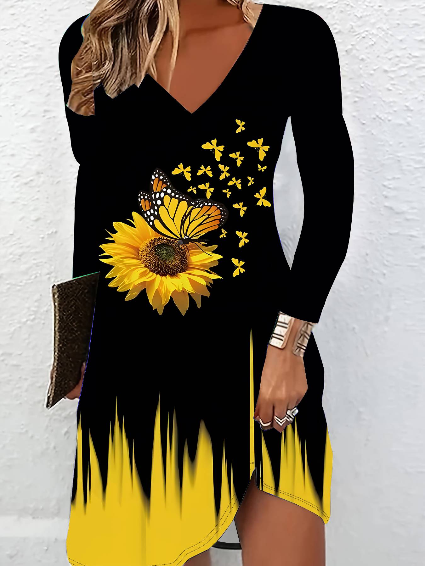 

Платье с 3D цветочным принтом, длинными рукавами - Эксклюзивный трендовый предмет для женщин на осень и зиму 6XL чёрный