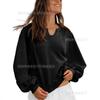 New Autumn and Winter Women's Lace Design Loose Pullover Solid Color V-neck Sweatshirt