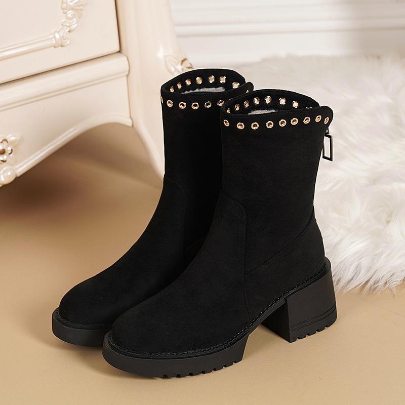 

Coarse-heeled fashion boots Autumn and winter cotton shoes Fleece thickened fashion boots Platform women s shoes Winter high-heeled short boots 40 чёрный