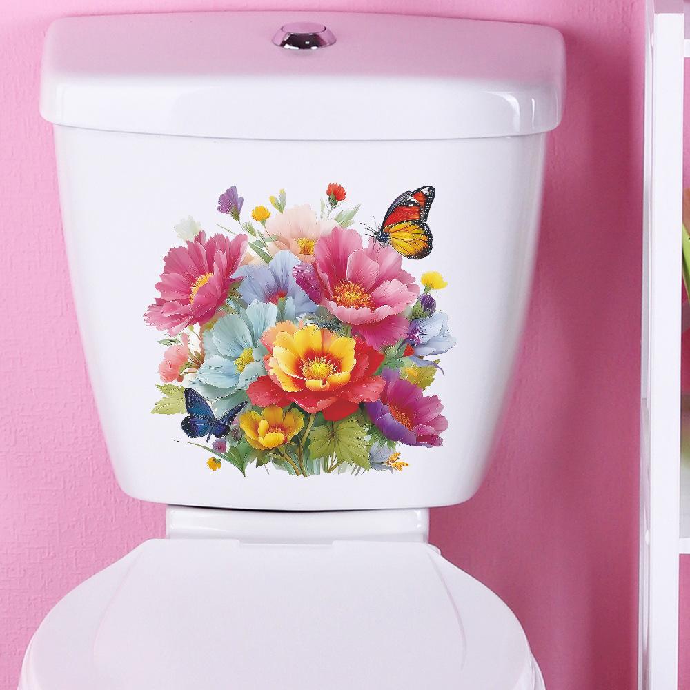 Painted Blooming Flowers and Butterflies On The Wall Decoration Stickers of The Bathroom Toilet