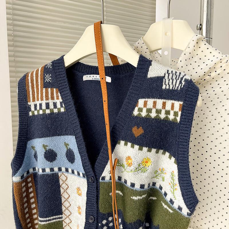 TonLion Women's V-Neck Playful Pattern Cardigan Vest