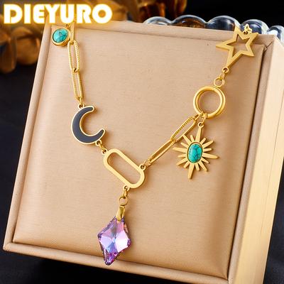 DIEYURO 316L Stainless Steel Turquoise Sun Moon Colored Diamond Pendant Necklace Women Girl New Trend Neck Zircon Gift Party