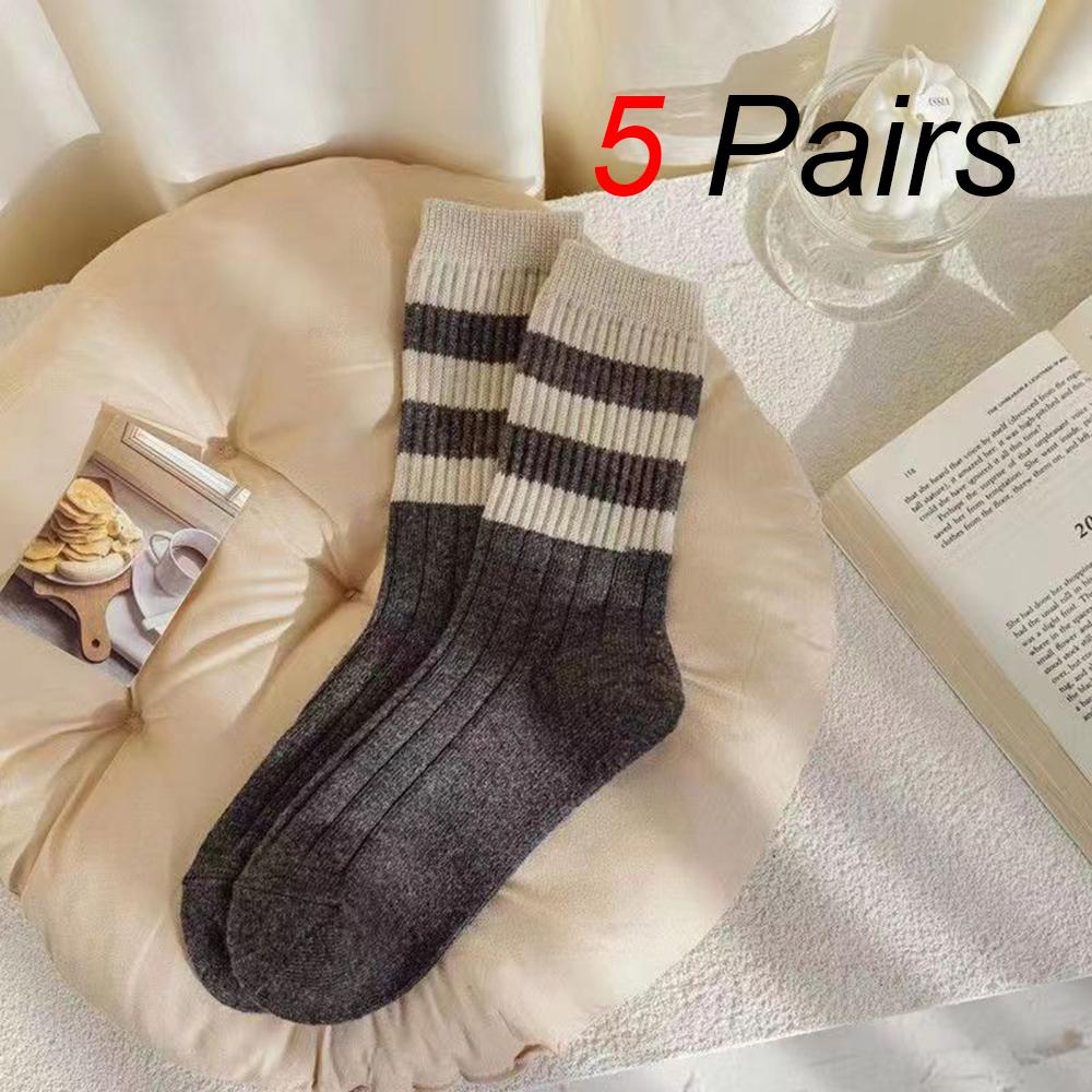 5 Pairs Women Parallel Bars Striped Mid Tube Socks Fashionable Autumn Winter Sweat Absorbing Warm Soft Comfortable Casual Socks