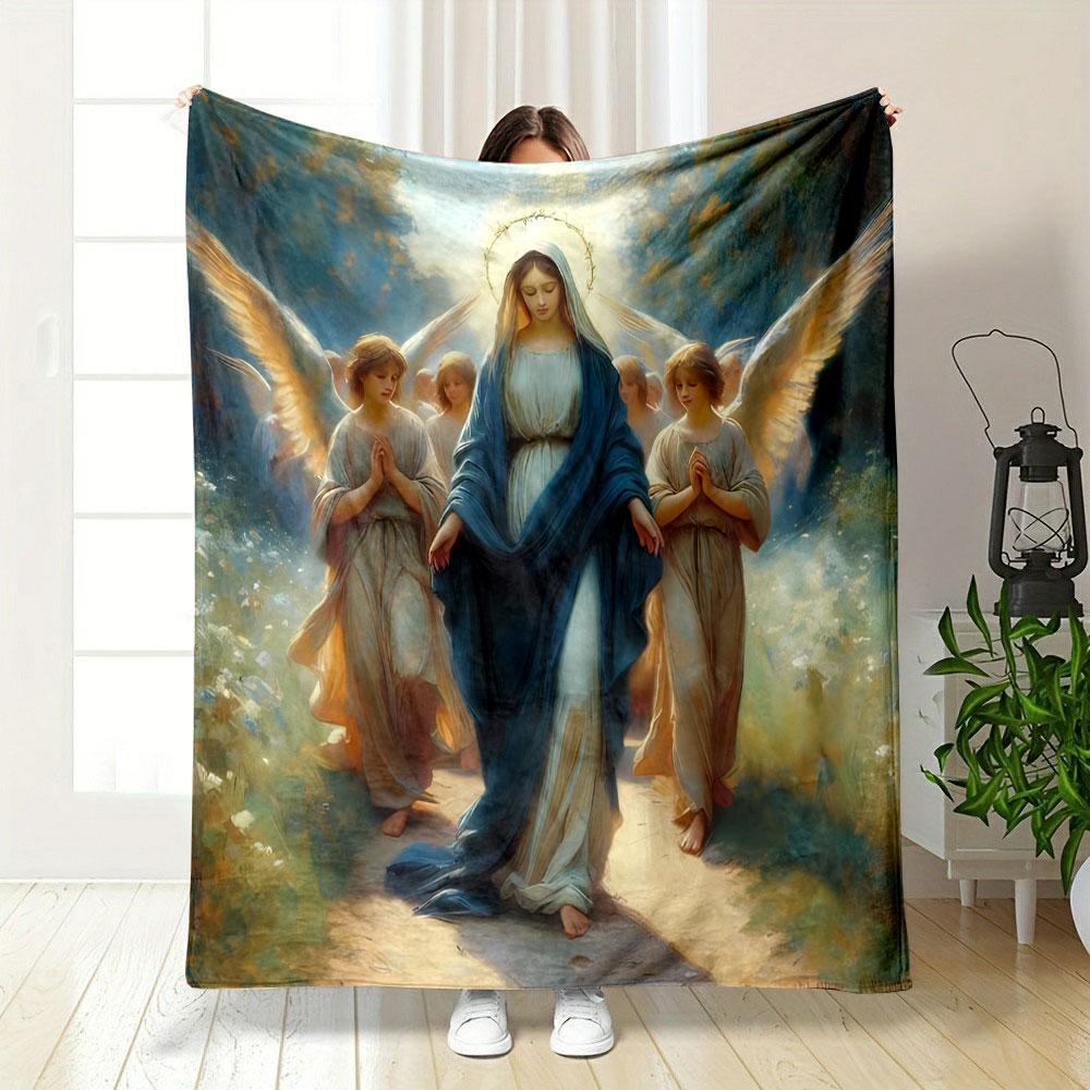 Our Lady with Angels Printed Blanket Printed Blanket for Living Room Bed Couch Lunch Break Soft Cozy Blanket for Friend's Festival Gift