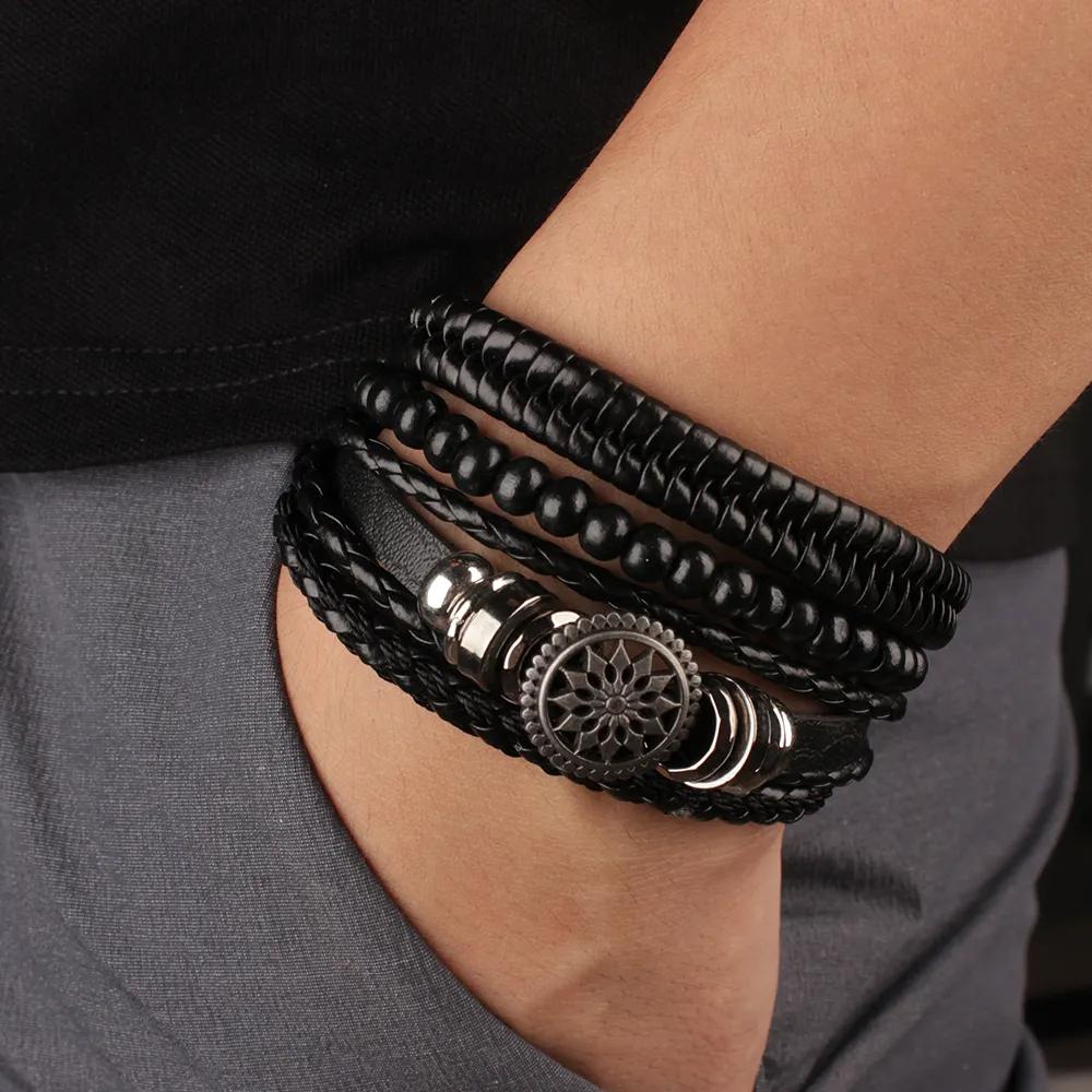 4Pcs/ Set Braided Wrap Leather Bracelets for Men Vintage Life Tree Rudder Charm Wood Beads Ethnic Tribal Wristbands