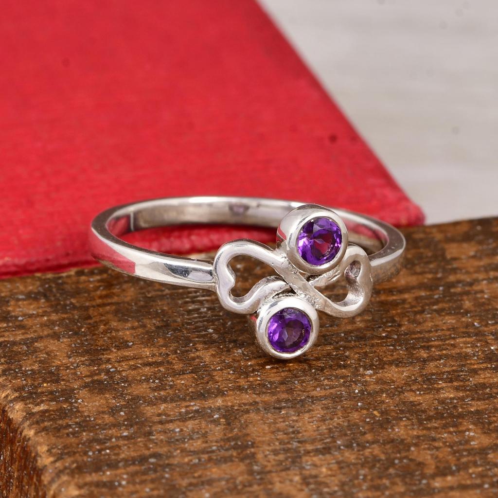 Natural Amethyst Double Stone Ring  | 925 Sterling Silver Minimalist Ring | February Birthstone Ring | Dainty Gemstone Ring | Gift for Her
