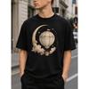 Men's Black Cotton T-shirt with Vintage Hot Air Balloon and Crescent Moon Graphic, Relaxed Fit Short Sleeve Crew Neck Tee for Casual Streetwear