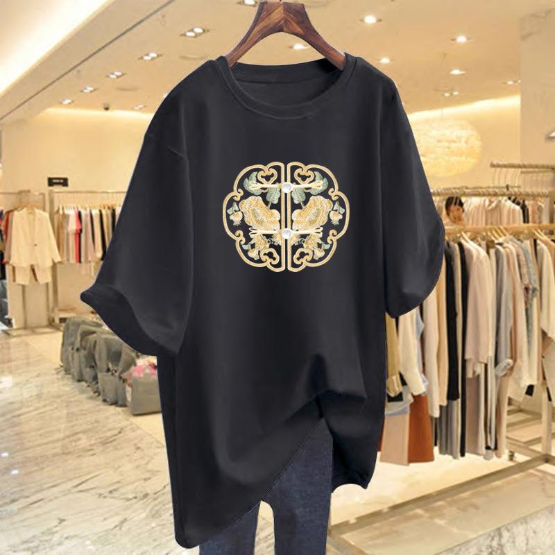 100Kg fat MM large size new Chinese style printed short-sleeved T-shirt women's summer new medium and long pure cotton top tide