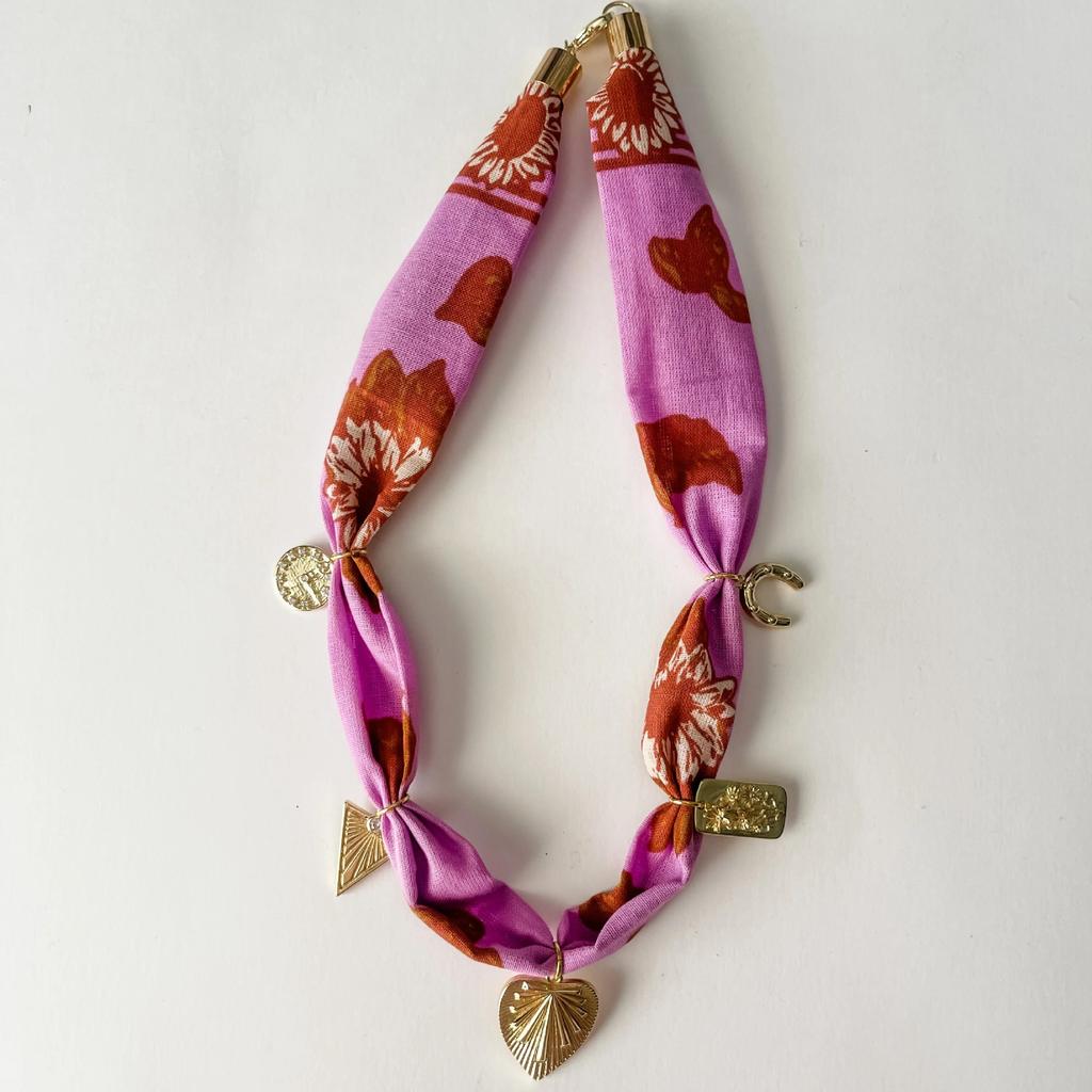 Bohemian Printed Silk Scarf Necklace Retro Metal Love Shell Pendant Cloth Strip Splicing Trendy Jewelry