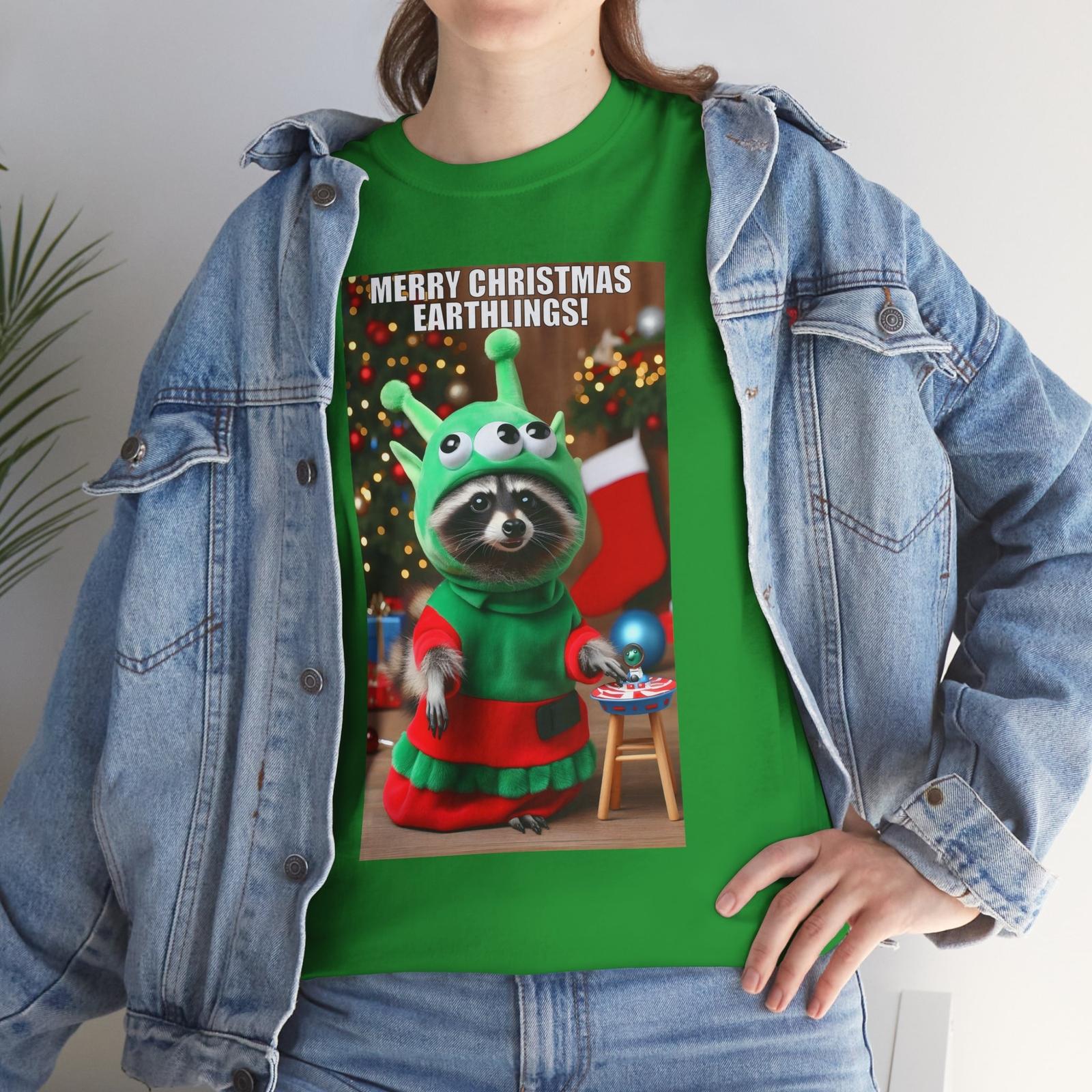 Funny Alien Christmas Raccoon T-Shirt Mens Womens Tees Top 4XL
