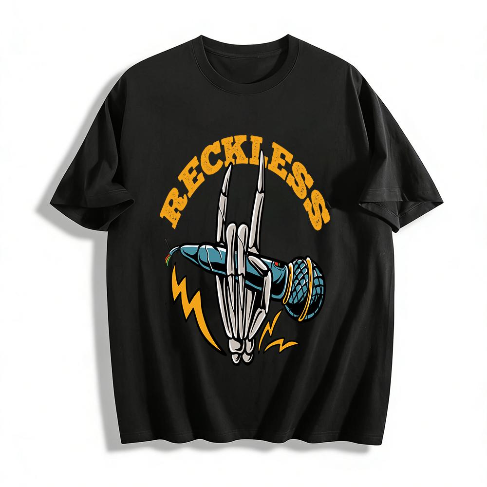 Reckless Skeleton Hand Rock Mic Print Streetwear Loose Tee Pure Cotton T-shirt