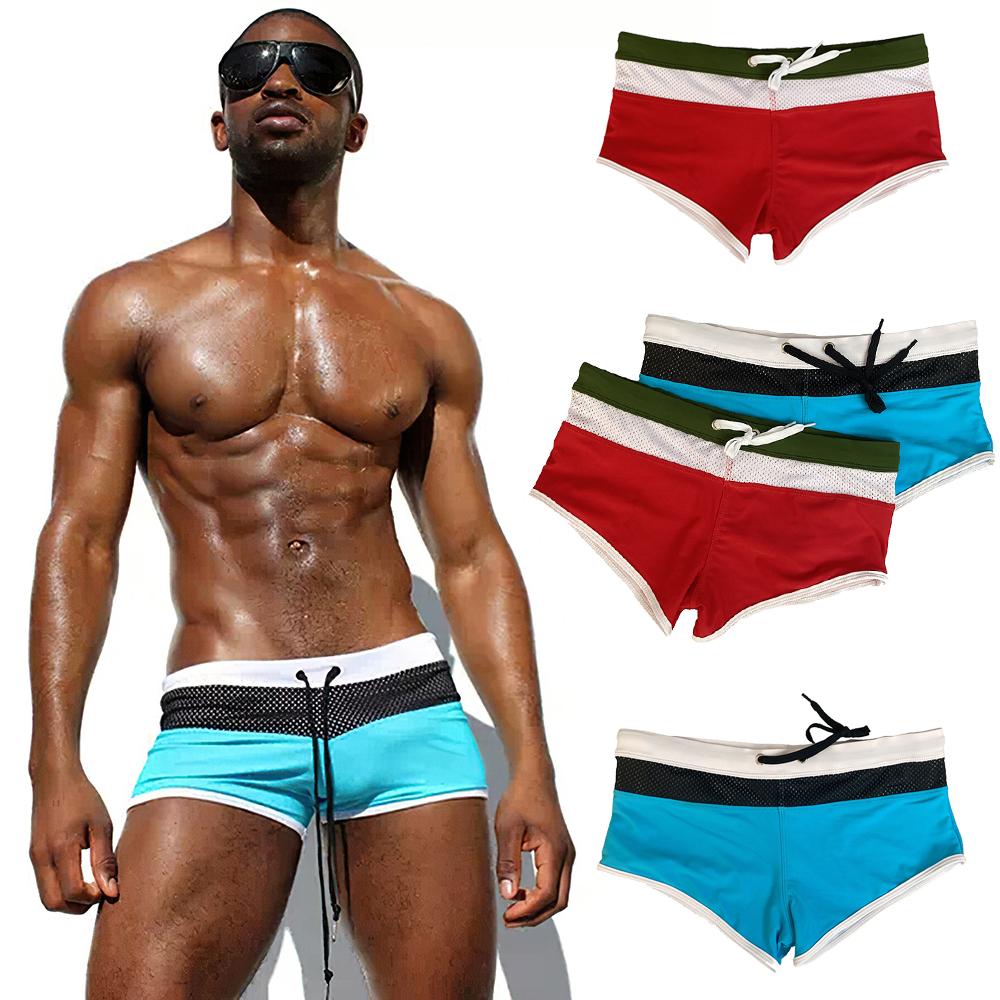 

Новые мужские купальники с плоскими углами, сетчатые цветные контрастные сексуальные шорты-боксеры с низкой посадкой, молодежные шорты для купания