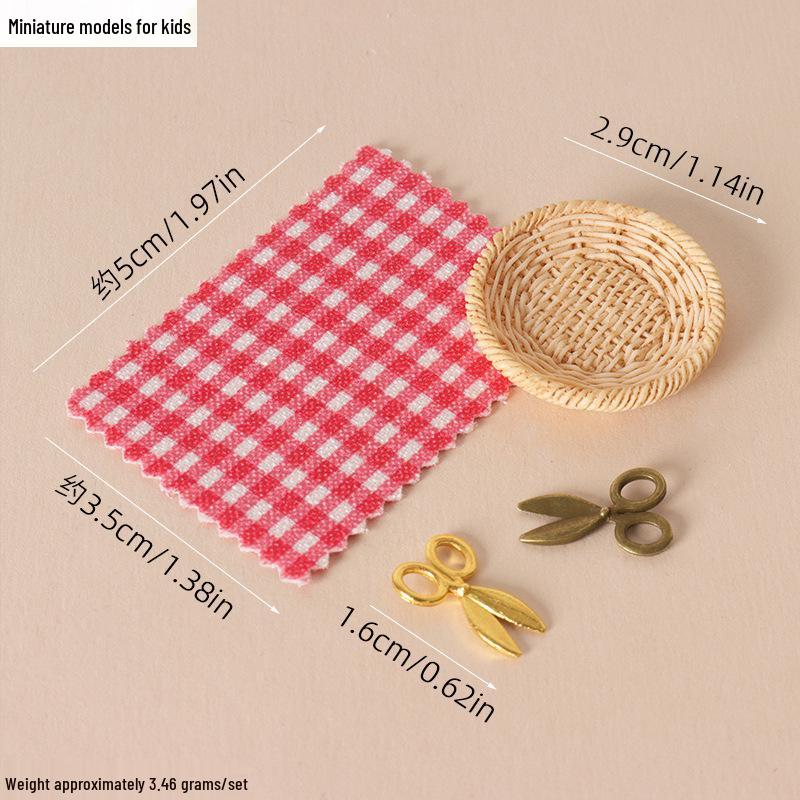 Mini Scissor Plaid Fabric Set for OB11 Dollhouse Sewing, Picnic Scenes, and Toy Photography.