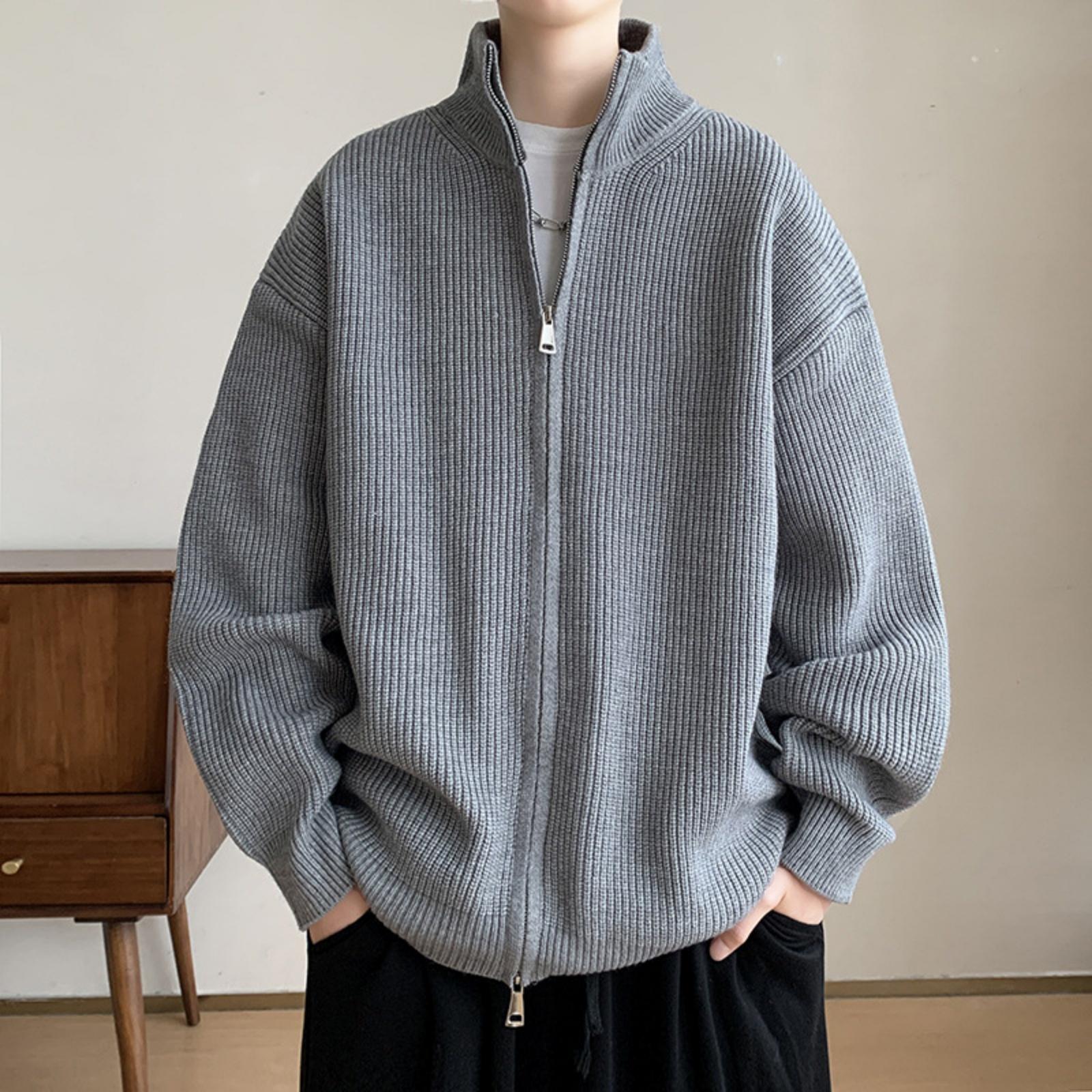 

Men s Solid-color Loose Cardigan, Sweater, Knitted Sweater, Men s And Women s Stand-up Collar Zipper Jacket L