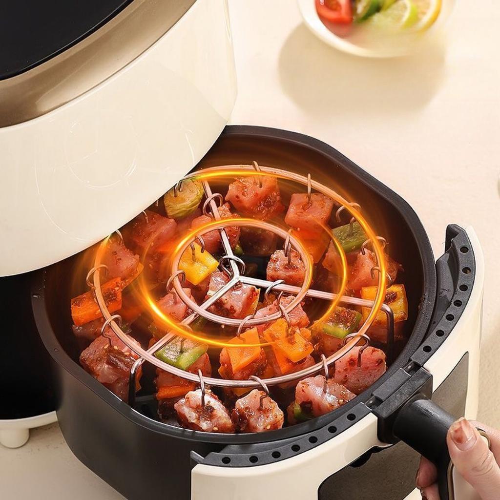 1pcs Vertical Stainless Steel Air Fryer Grill Rack Round BBQ Grill for Home Oven Kitchen Skewers Foldable Design