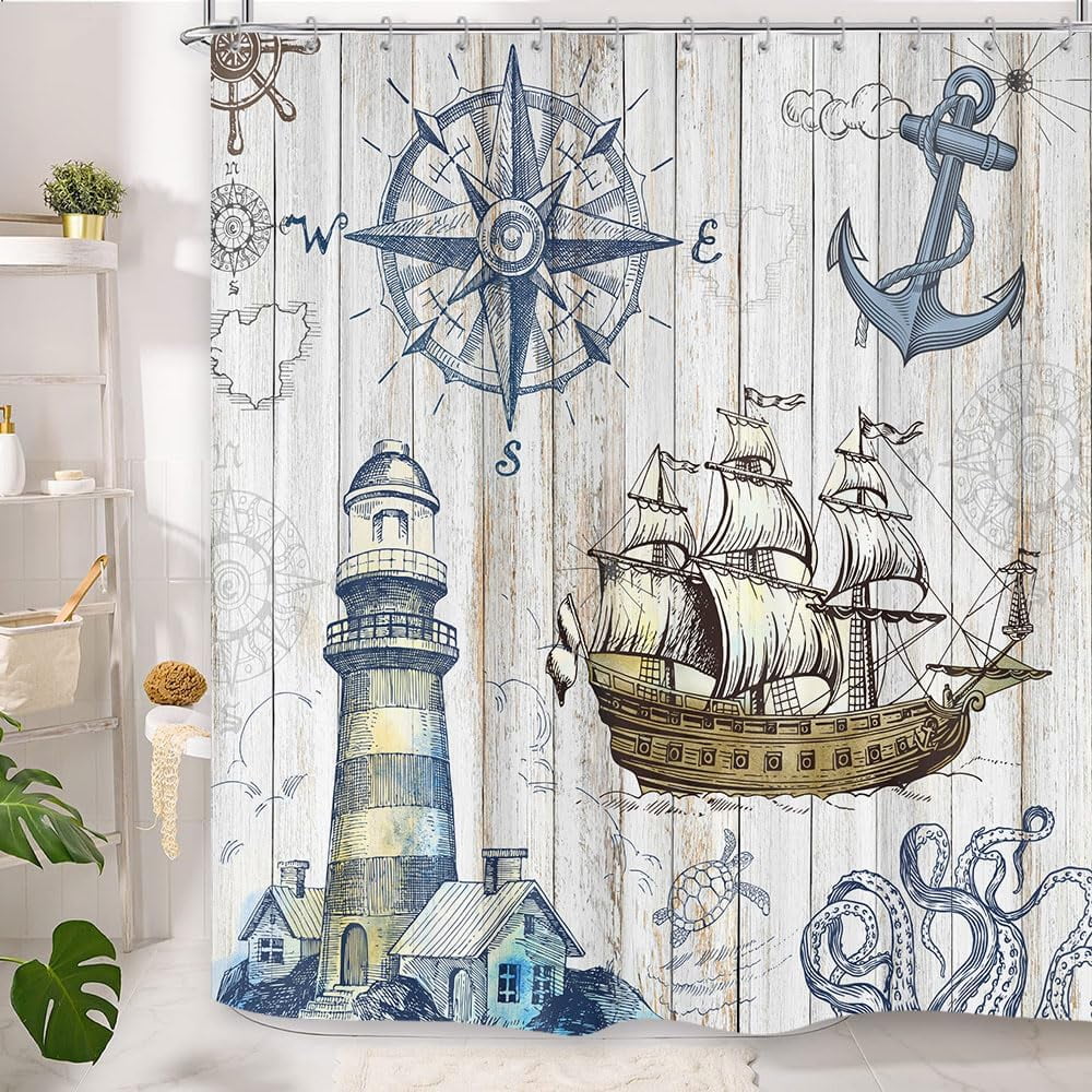 Vintage Nautical Adventure Shower Curtain - Detailed Ship, Lighthouse & Compass for Seaside Inspired Bathroom Decor