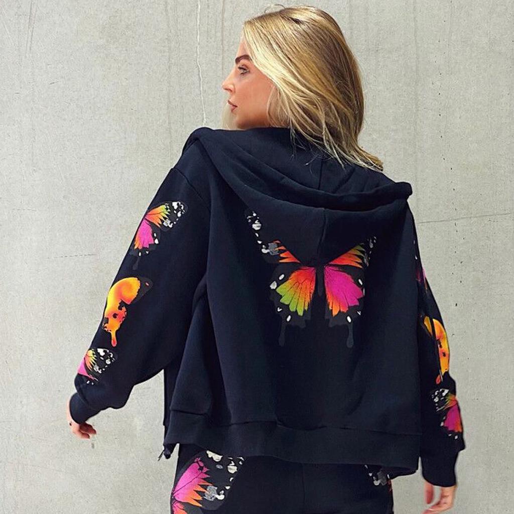 

Fashion Women Printing Hooded Zipper Pocket Long Sleeve Top L чорний