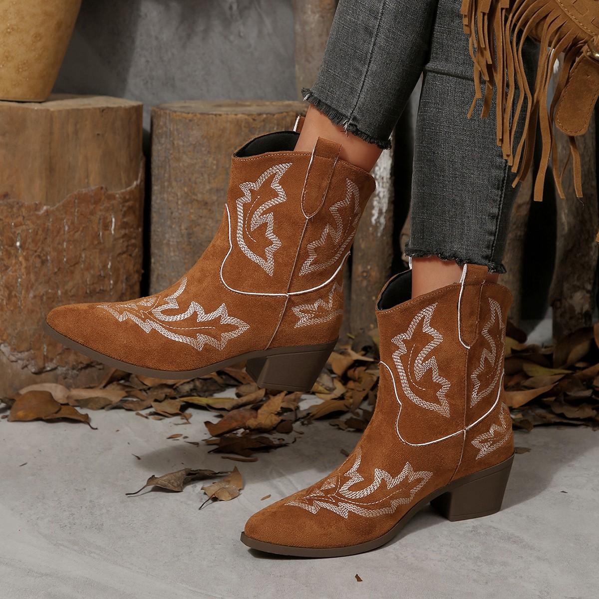 

Fashion Pattern Boots Women 2025 Square Heel Pointed Toe Ankle Boots Woman Comfortable Faux Suede Booties Mujer 35 коричневый