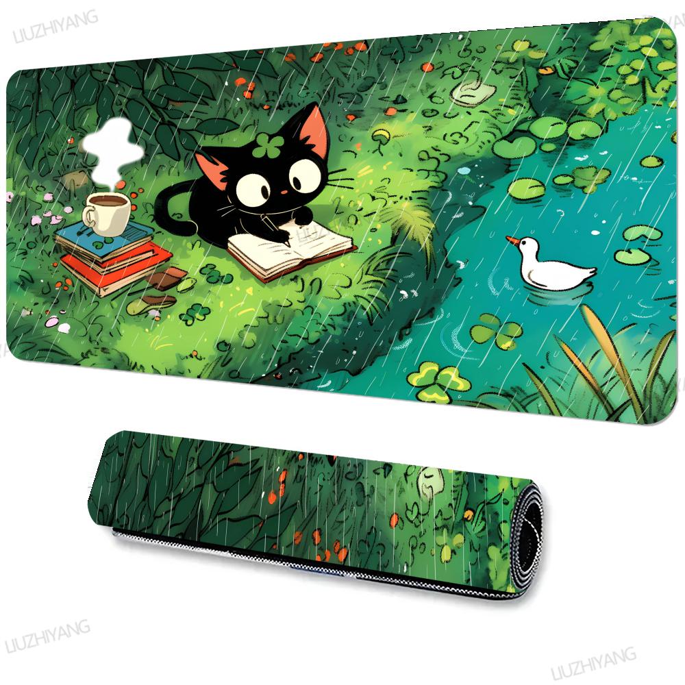 Cute Black Cat Forest Large Desk Mat Cartoon Animal Green Nature Scene Xxl Mouse Pad NonSlip Lock Edge Keyboard Mat