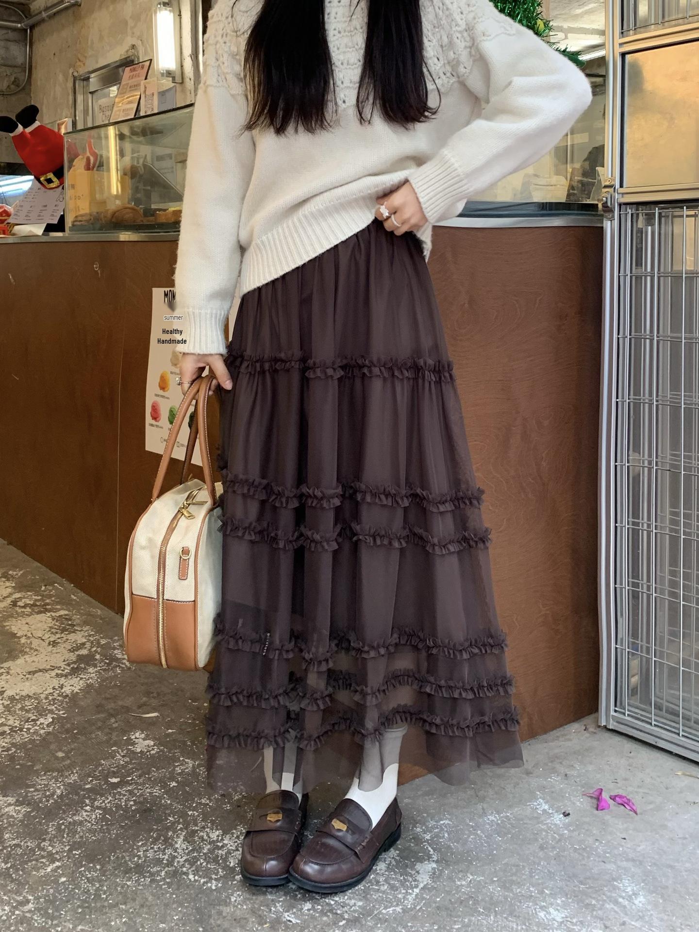 Elegant Korean Style Lace and Gauze Puffy Skirt - 2026 Early Spring/Autumn Collection One Size коричневый