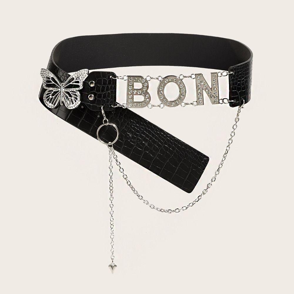 Y2K Rhinestone Belts PU Leather Waistband Simple Butterfly Waist Chain  Skirt Accessories