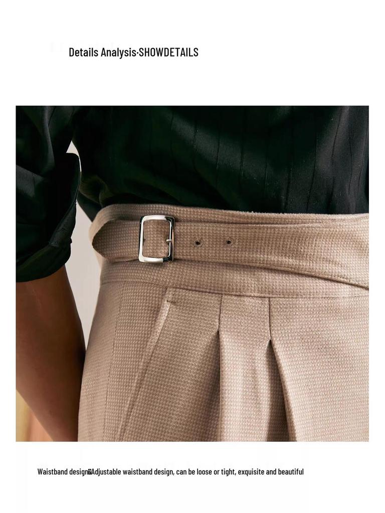 Men's High Waist Italian Gurkha Trousers - Business Formal Non-Iron Straight Leg with Paris Buckle