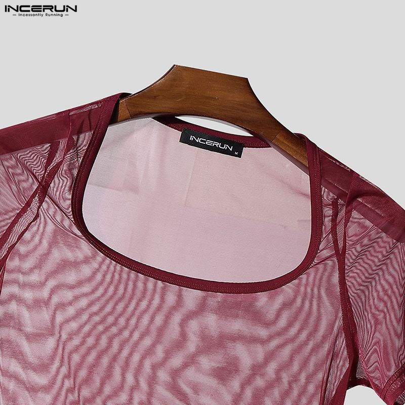 INCERUN Men Short Sleeve Mesh Sheer Sexy Party Club T-shirts Tops
