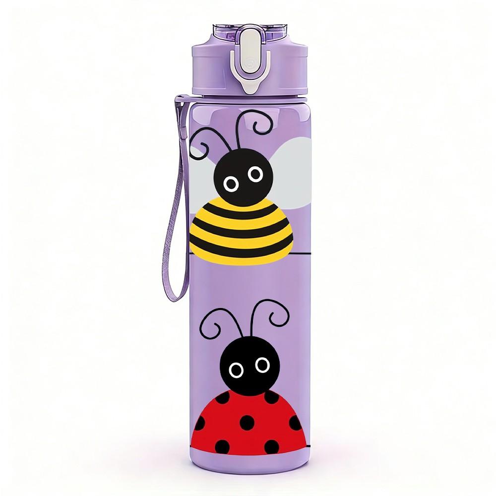 1PC Bee Ladybug Cartoon Pattern 750ml Color Plastic Sports Water Bottle Leakproof Flip Straw Lid Suitable for Sports Office Home Use
