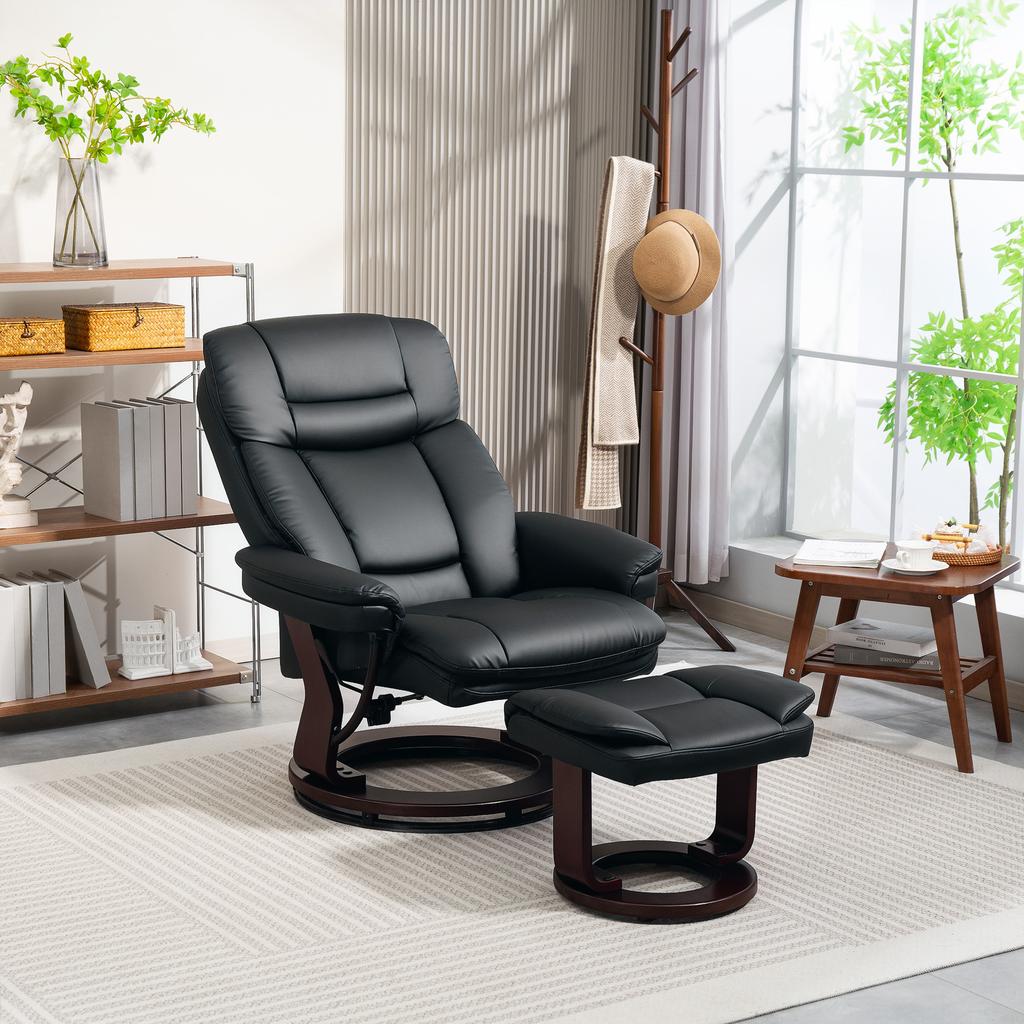Relaxation Chair With Footstool Adjustable Armchair Artificial Leather Upholstered Chair With Foldable Backrest Black
