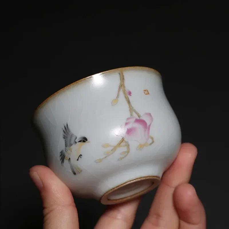 Retro Ru Kiln Ceramic Teacup Travel Portable Meditation Cup Hand Painted Flower Tea Bowl Master Cup Handmade Tea Set Accessories