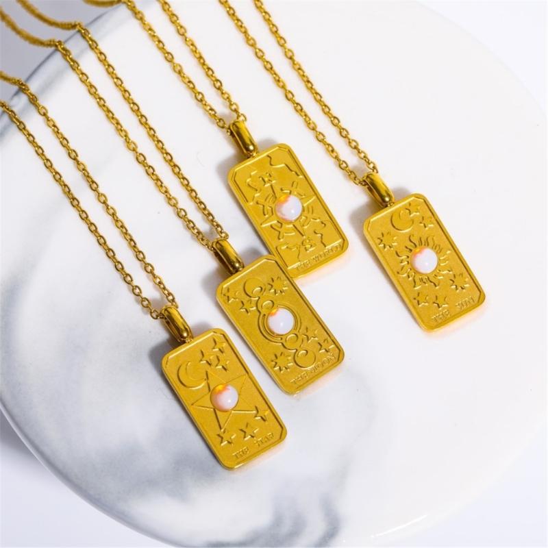 Stylish Gold Square Sun Moon Star World Pendant Necklace Accessory Eye Catching Clavicular Chain for Gathering Parties