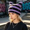 Casual Outdoor Knitted Cap Cat Ear Hat for Women Girls, Striped Slouchy Crochet Headgear Fashionable Daily Wear with Shiny Rhinestones, Cute