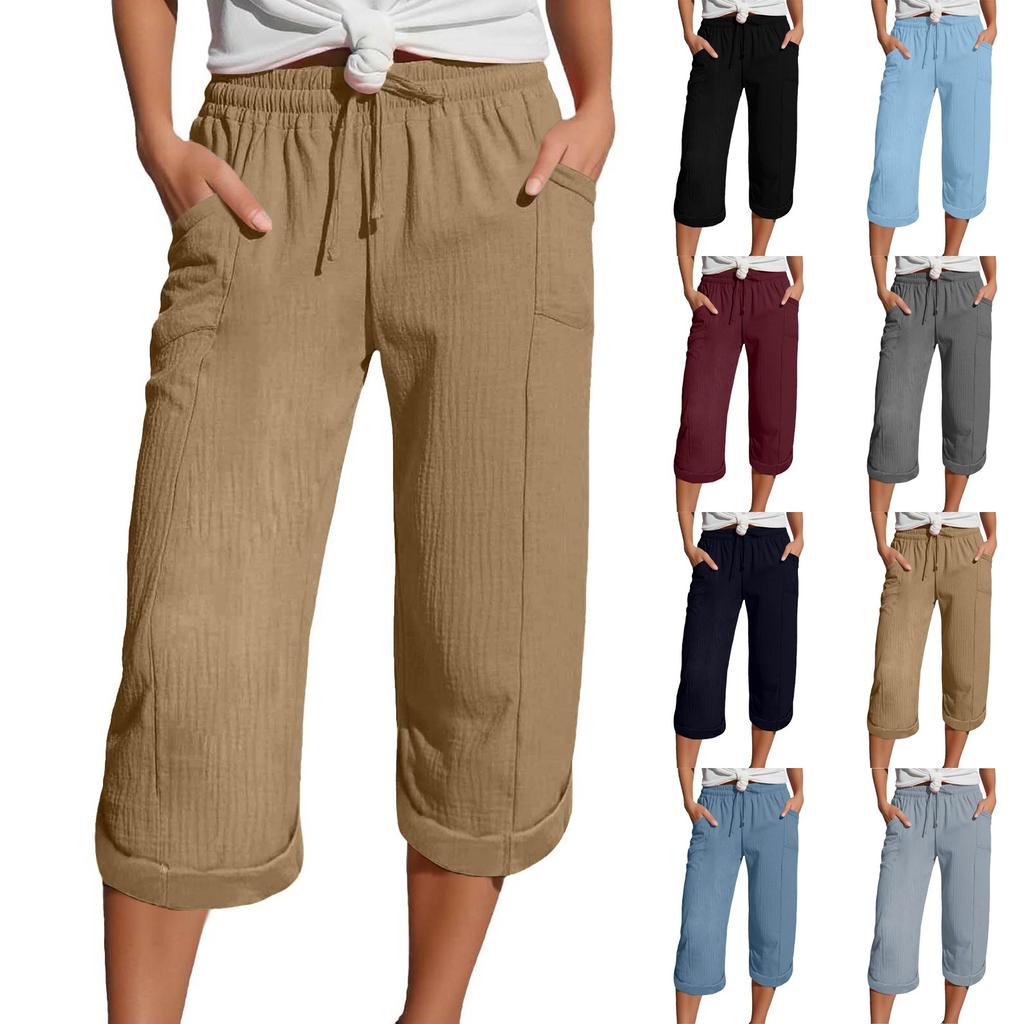 Women's Summer 3/4 Trousers  Summer Trousers With Pockets Causal Loose Trousers Fabric Trousers Sport Leisure Beach Trousers