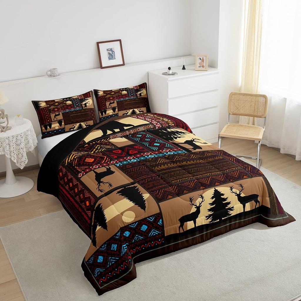 Deer Moose Bear Comforter Set Queen Boho Aztec Western Rustic Farmhouse Woodland Bedding SetsTeal Red Brown Stripes Decor 3 Pcs