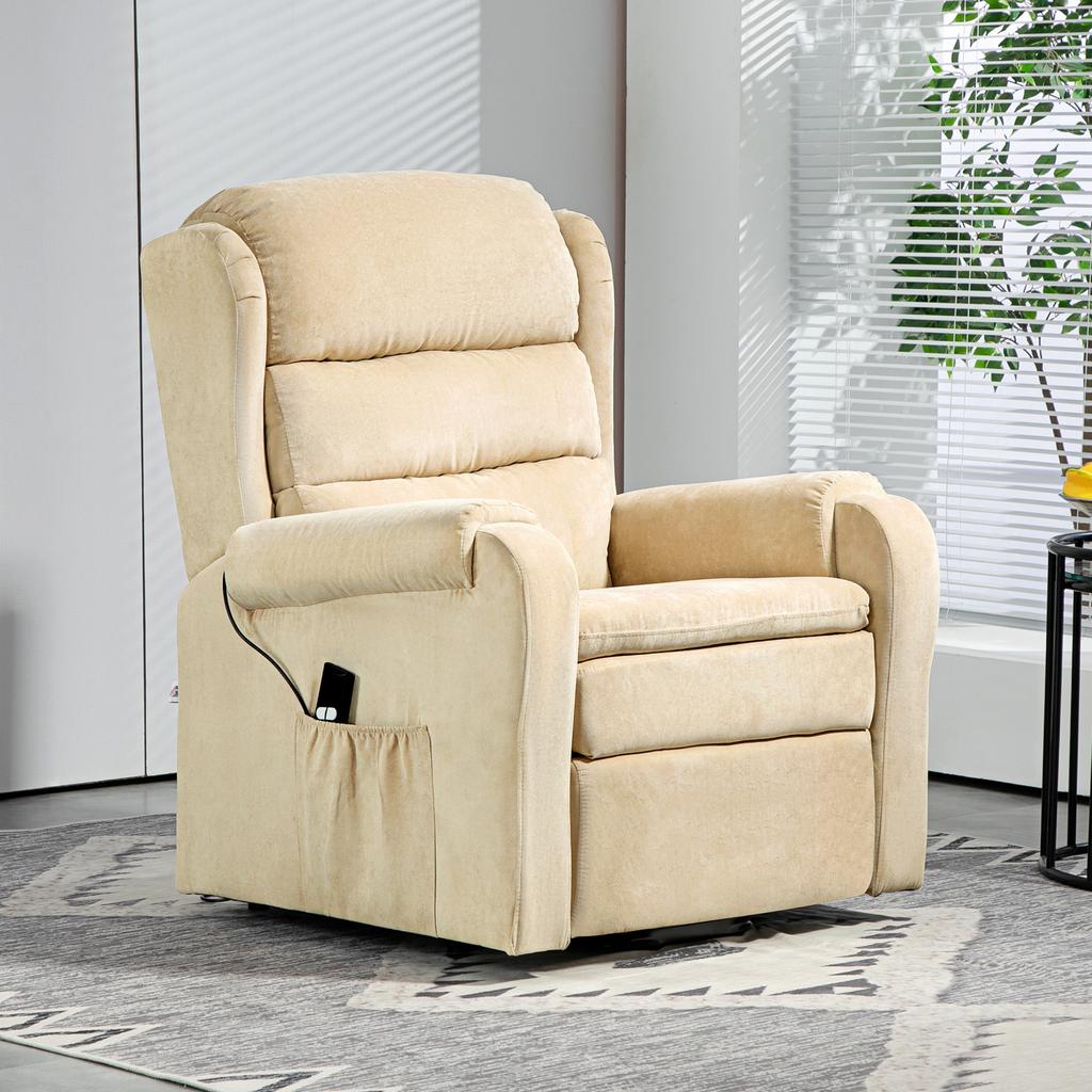 Riser Recliner Armchair Reclining To 160 Degrees with Footrest and Remote Control, In Velvet, 85x88x109 Cm, Cream