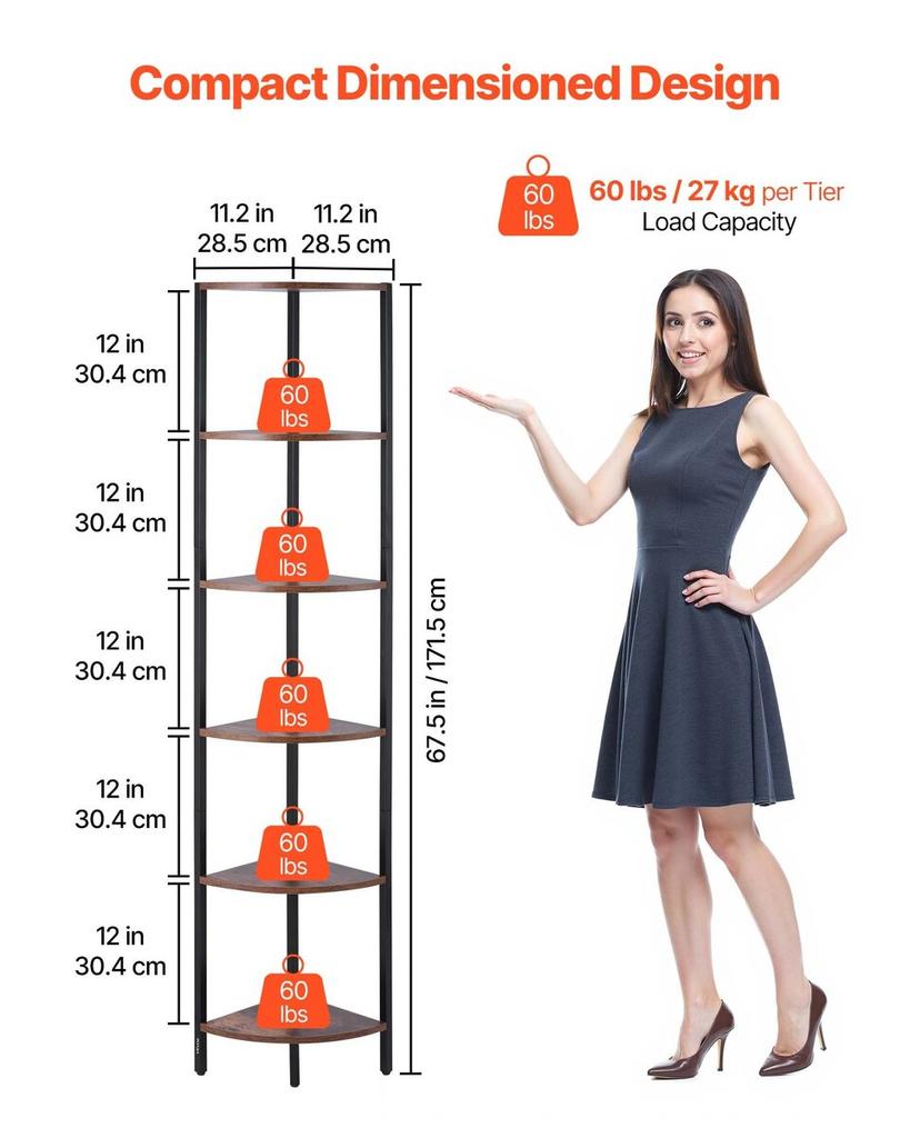 6 Tier Corner Shelf, Tall Corner Stand with LED Light, Wall Shelves Tower Storage Organizer with Metal Frame & Wooden Shelves, Narrow Display Book