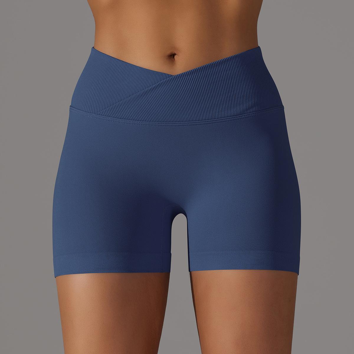

Sports shorts European and American seamless knitted breathable solid color cross waist peach hip yoga running fitness three-point pants women XXL