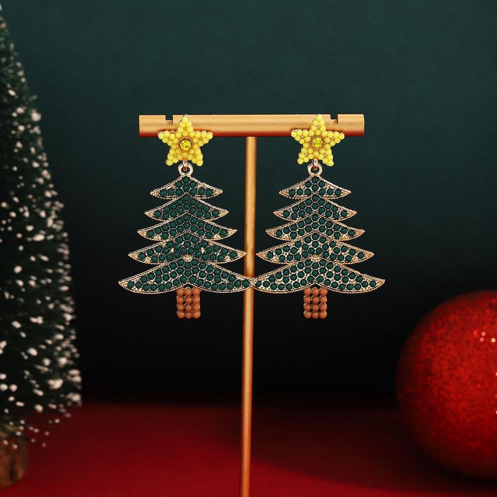 Red Green Star Diamond Christmas Tree Earrings for Women: Creative Color Blocking Drip Oil Design
