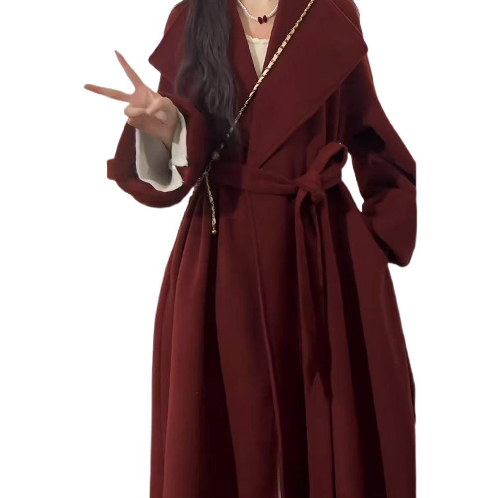 Hepburn Style Vintage Wool Coat - Women's Elegant Red Long Coat for Autumn/Winter