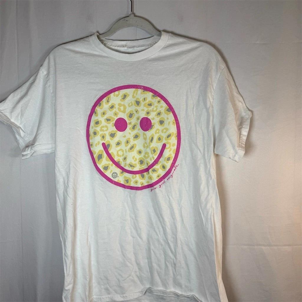 

Girlie Girl Originals T-Shirt Womens M White Pink Smiley Leopard Graphic S