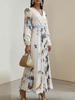 Elegant European Long Sleeve Printed V-Neck Mid-Length Vacation Dress 2025