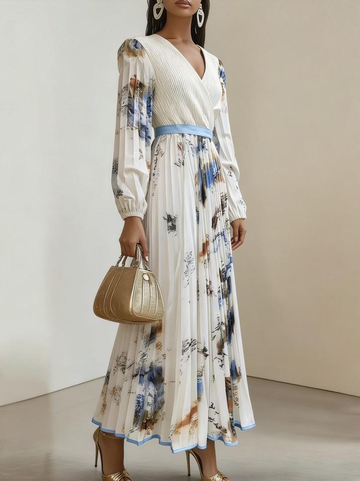 Elegant European Long Sleeve Printed V-Neck Mid-Length Vacation Dress 2025