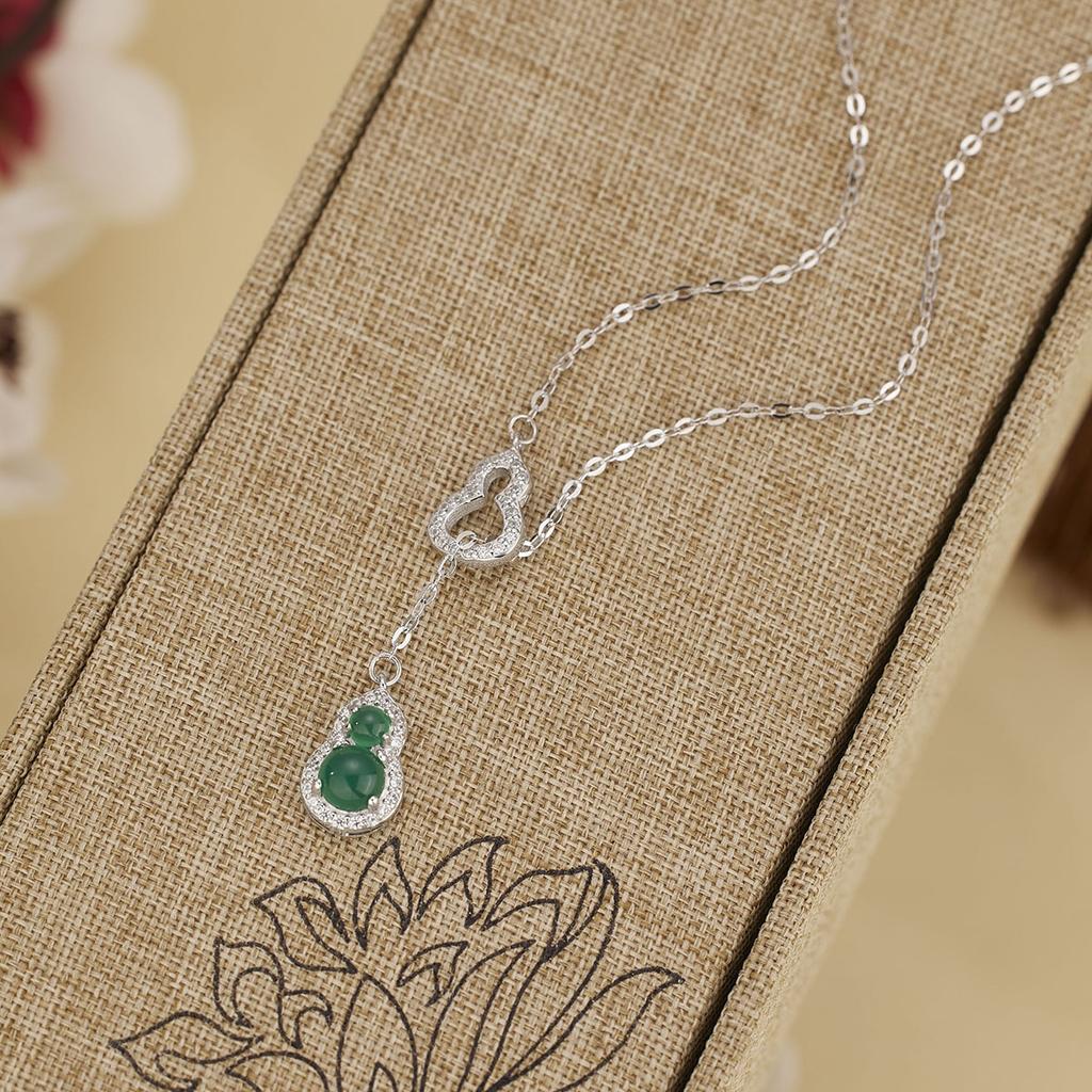 S925 Silver Fulu Necklace Women's Chalcedony Fulu Pendant Double Gourd Premium Sense Interlocking Clavicle Chain
