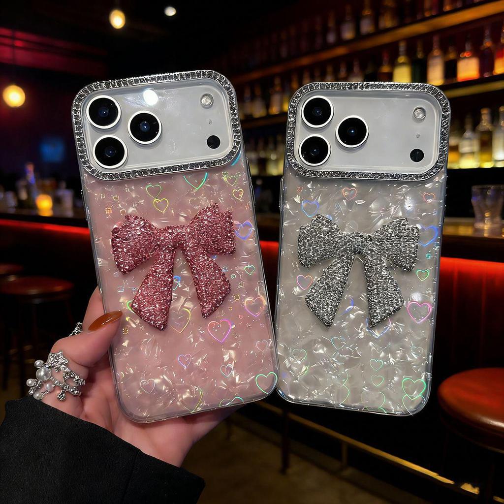 iPhone 17 Heart Shell Rhinestone Bow Case, Soft Luxury Cover